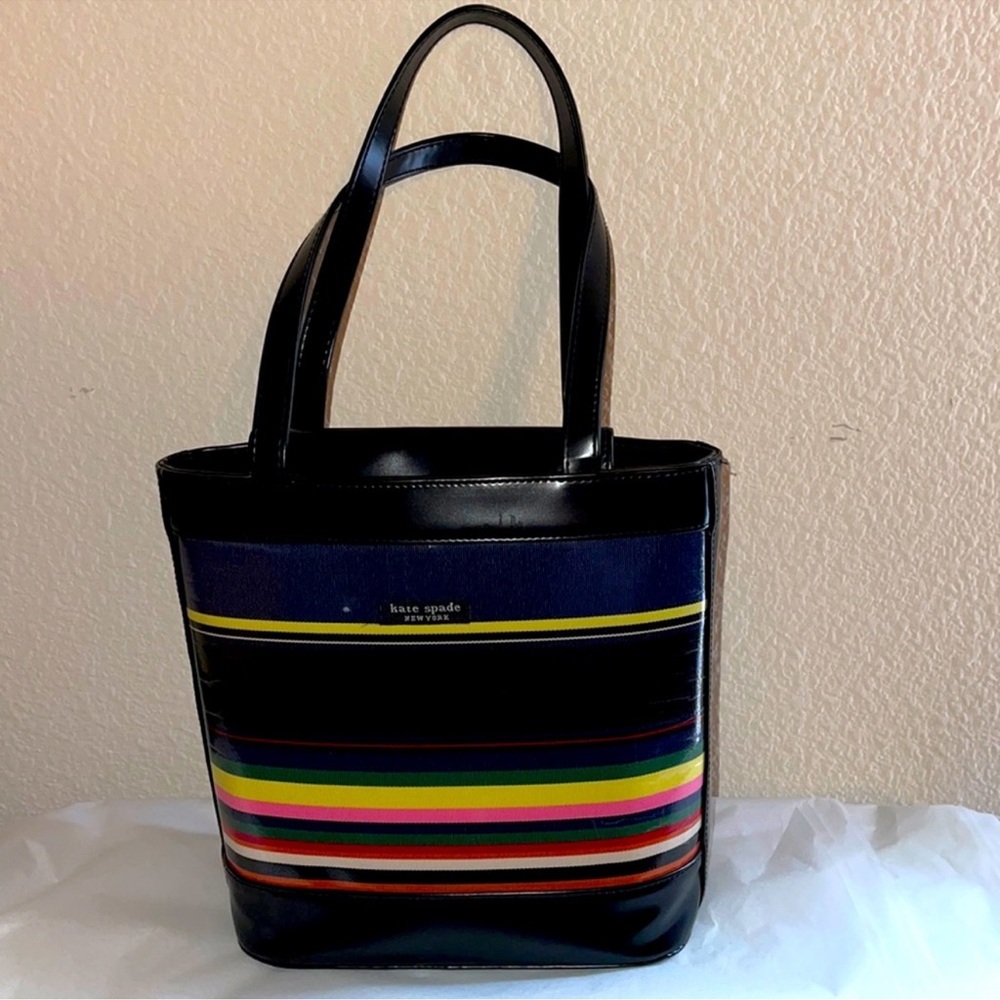 Kate Spade Black Tote with Colorful Stripes, EUC